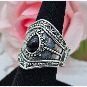 Cute Silver Tone & Black Statement Stretch Ring One Size Western Bojo Casual